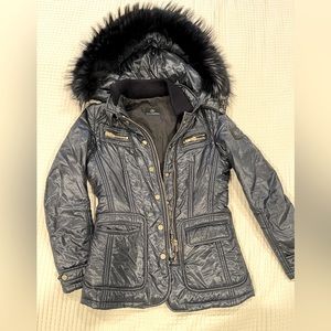 Blue Mercedes Benz jacket with fur hood